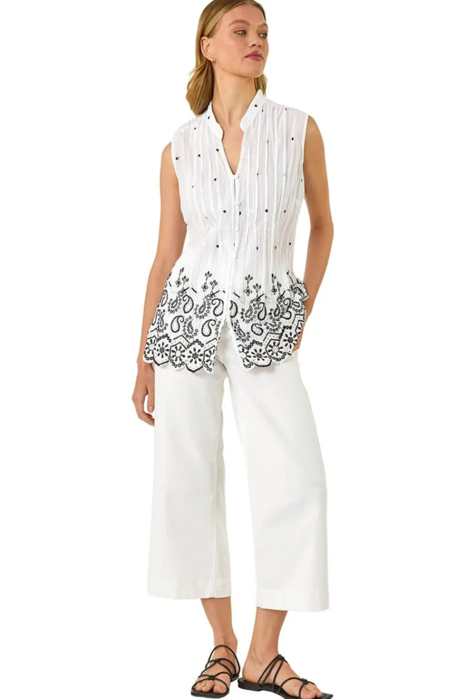 Blouses & Shirts>Roman Ivory Embroidered V-Neck Blouse