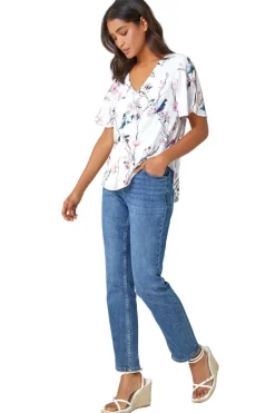 T-Shirts>Roman Ivory Floral Angel Sleeve V-Neck Top