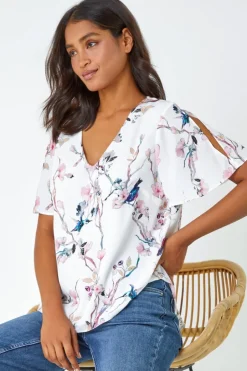 T-Shirts>Roman Ivory Floral Angel Sleeve V-Neck Top