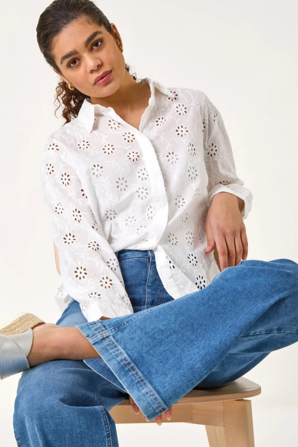 Tops>Roman Ivory Floral Broderie Collar Cotton Shirt