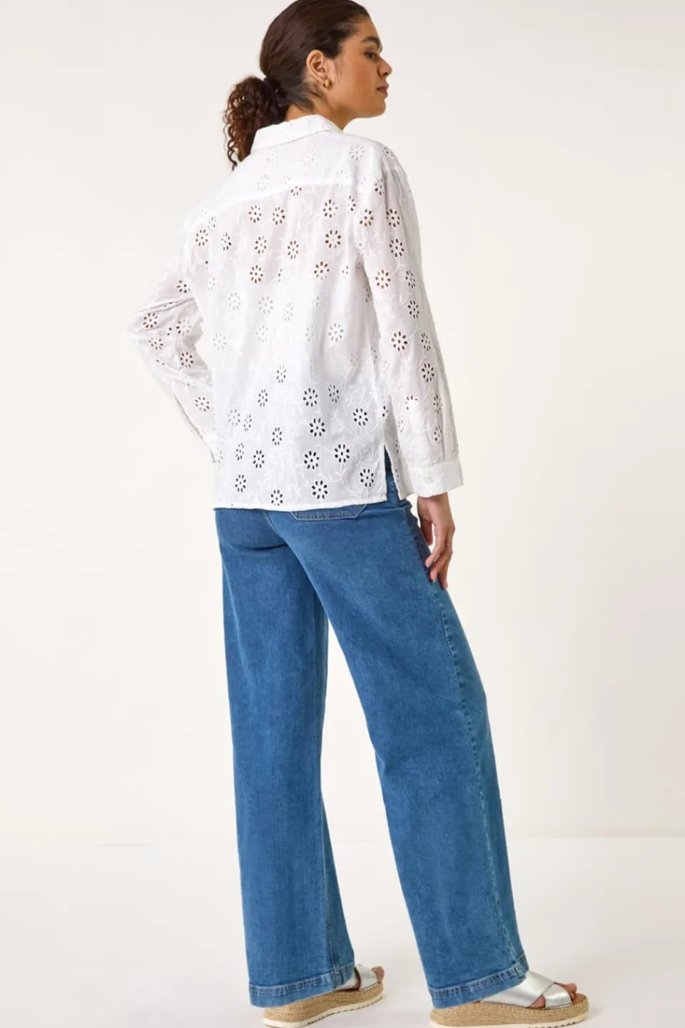 Tops>Roman Ivory Floral Broderie Collar Cotton Shirt