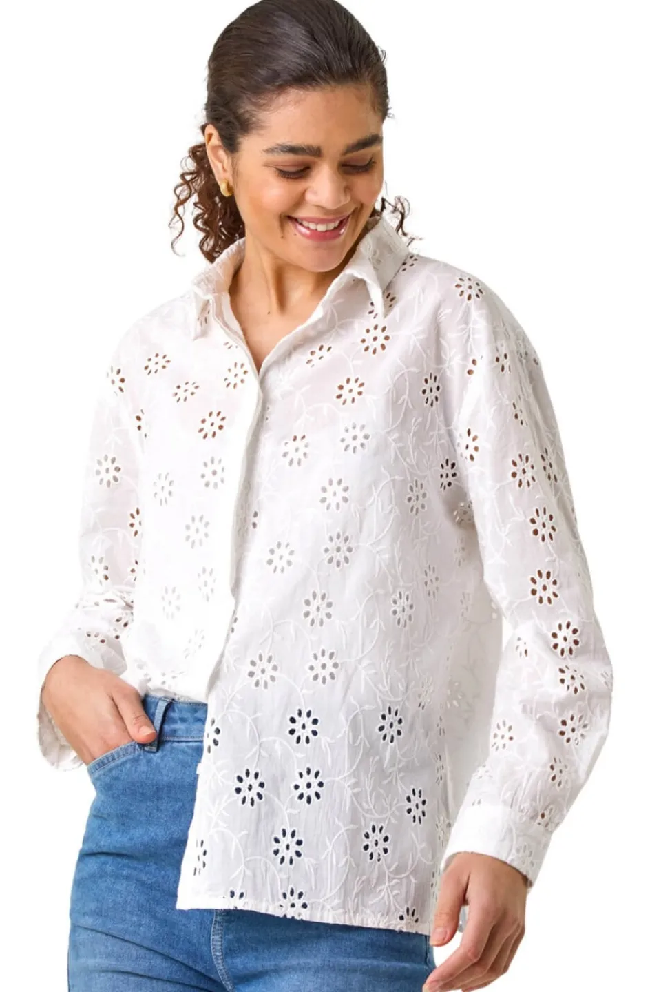 Tops>Roman Ivory Floral Broderie Collar Cotton Shirt