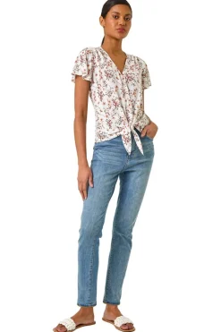 Tops>Roman Ivory Floral Buttoned Tie Hem Top