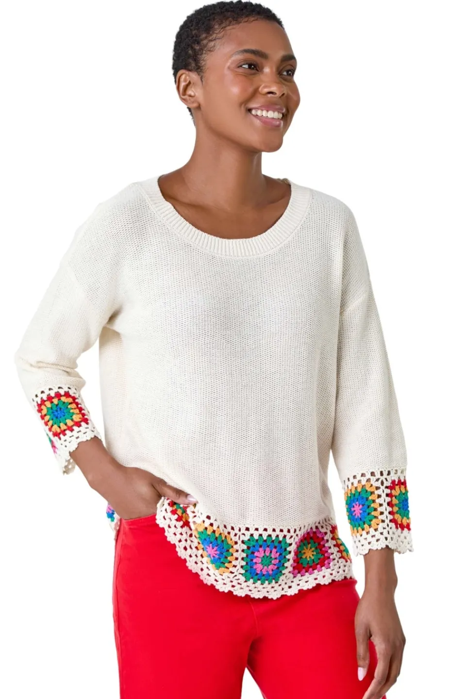 Knitwear>Roman Ivory Floral Crochet Hem Cotton Jumper