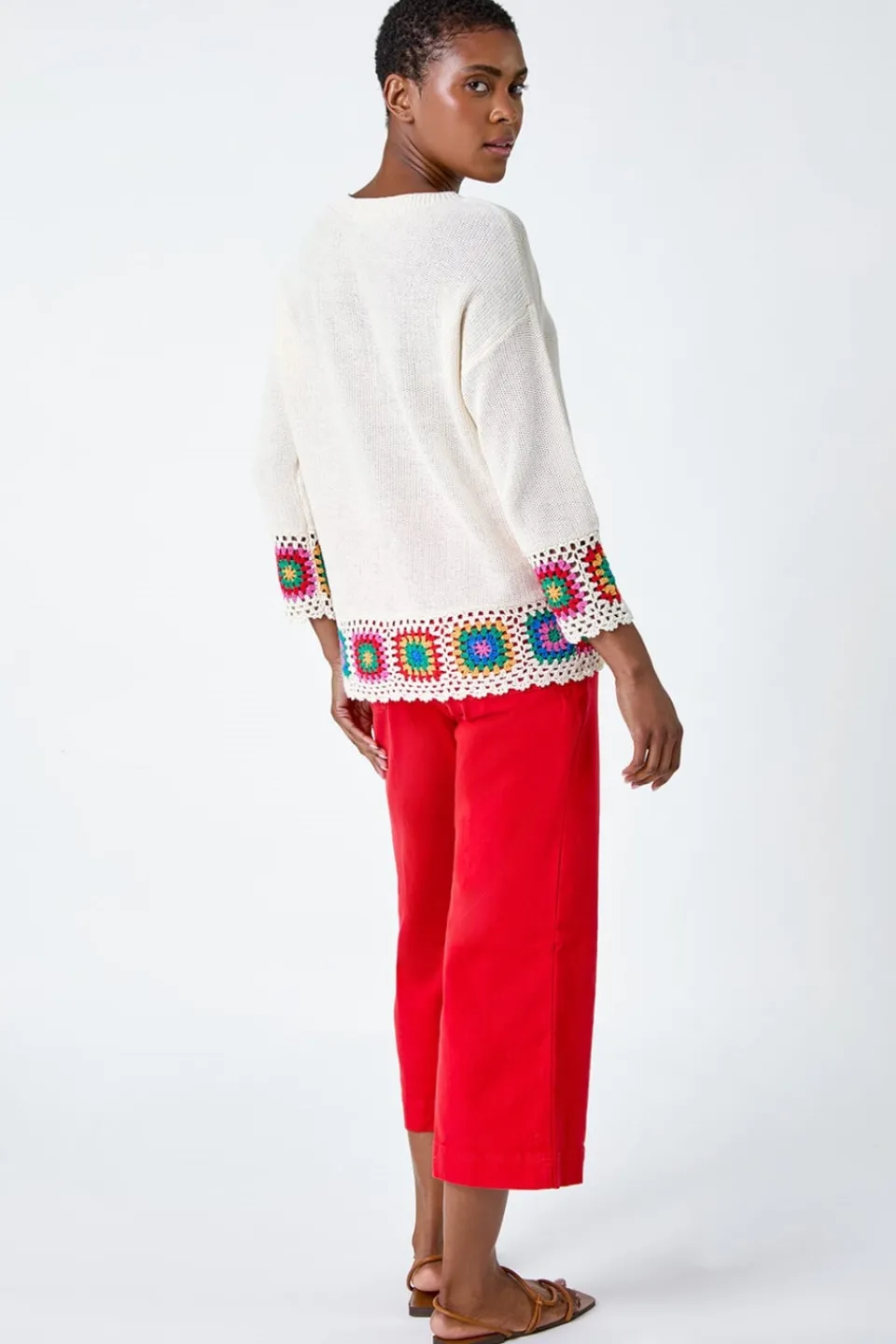Knitwear>Roman Ivory Floral Crochet Hem Cotton Jumper