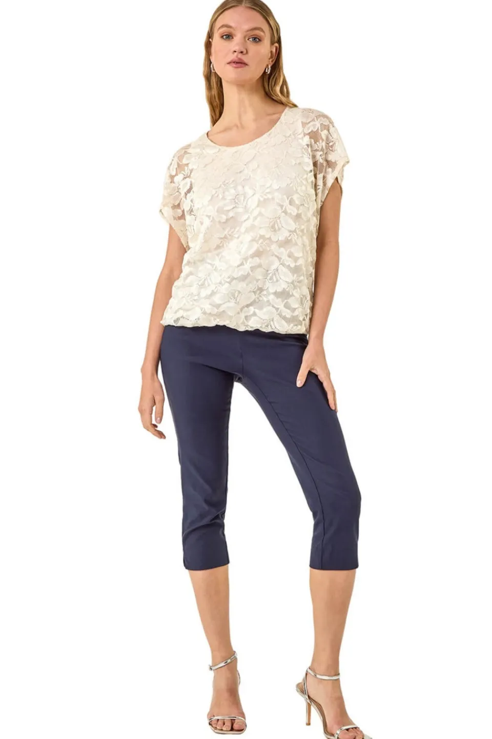 Tops>Roman Ivory Floral Lace Overlay Stretch Top