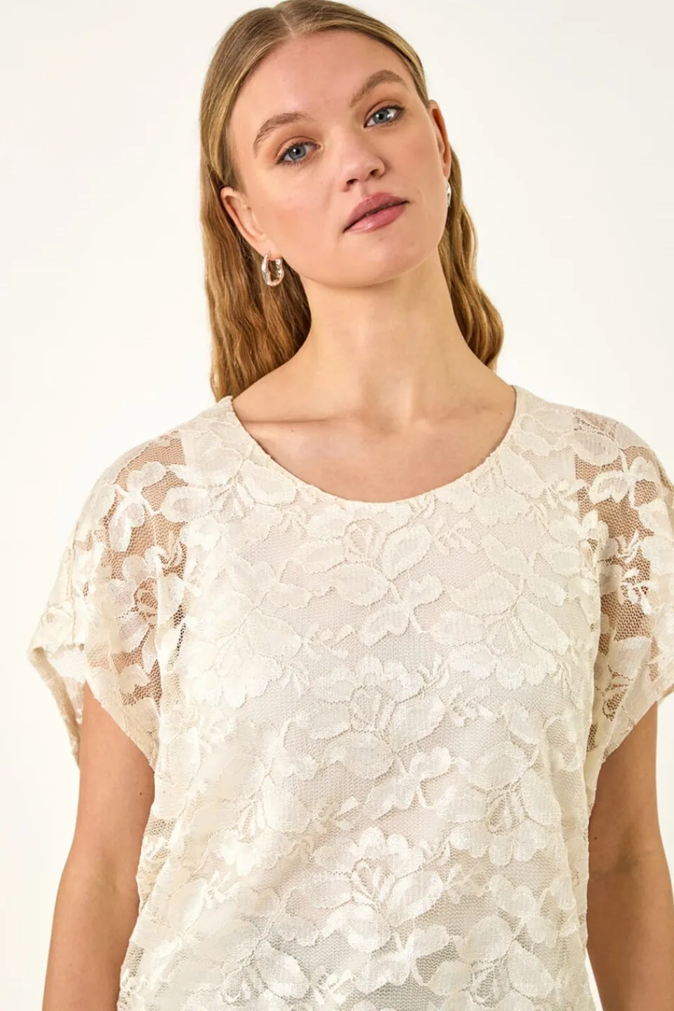 Tops>Roman Ivory Floral Lace Overlay Stretch Top