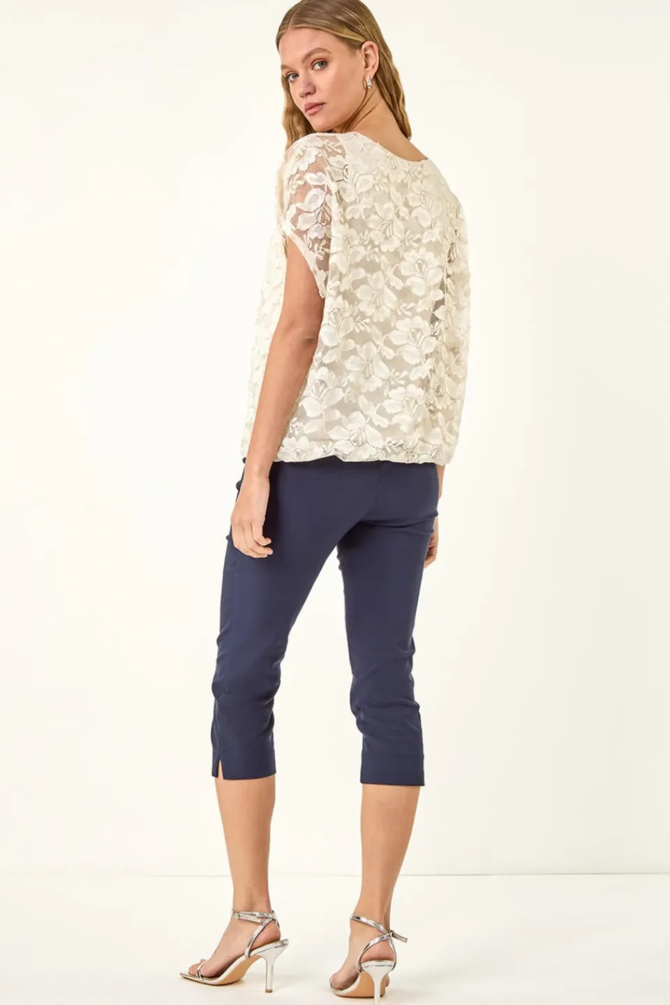 Tops>Roman Ivory Floral Lace Overlay Stretch Top