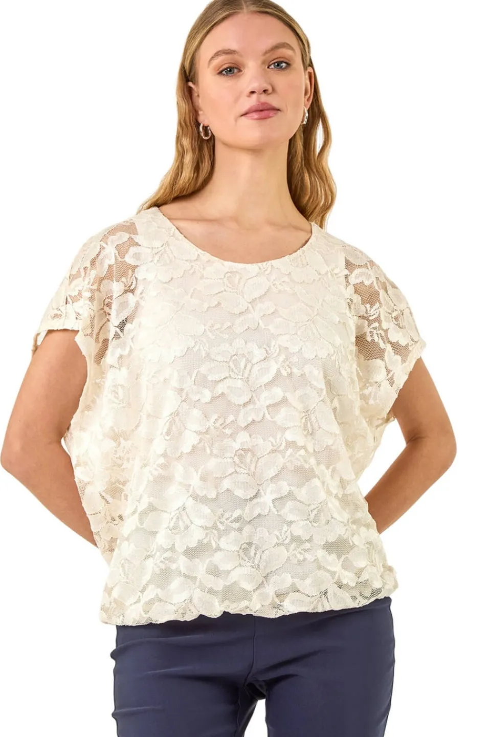 Tops>Roman Ivory Floral Lace Overlay Stretch Top