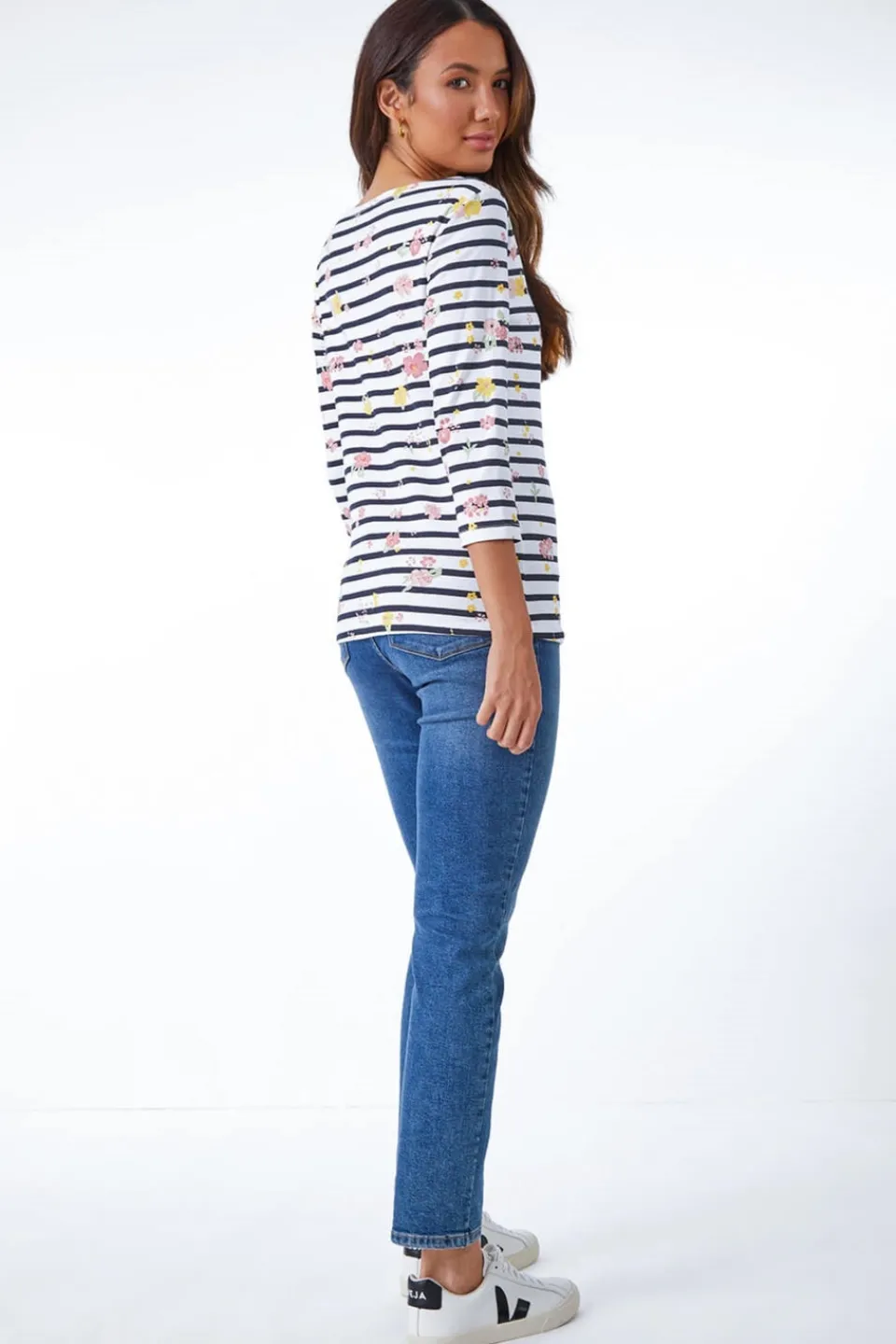 T-Shirts>Roman Ivory Floral Print Stripe Top