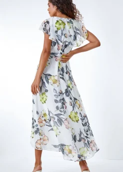 Dresses>Roman Ivory Floral Print Frill Cape Wrap Dress