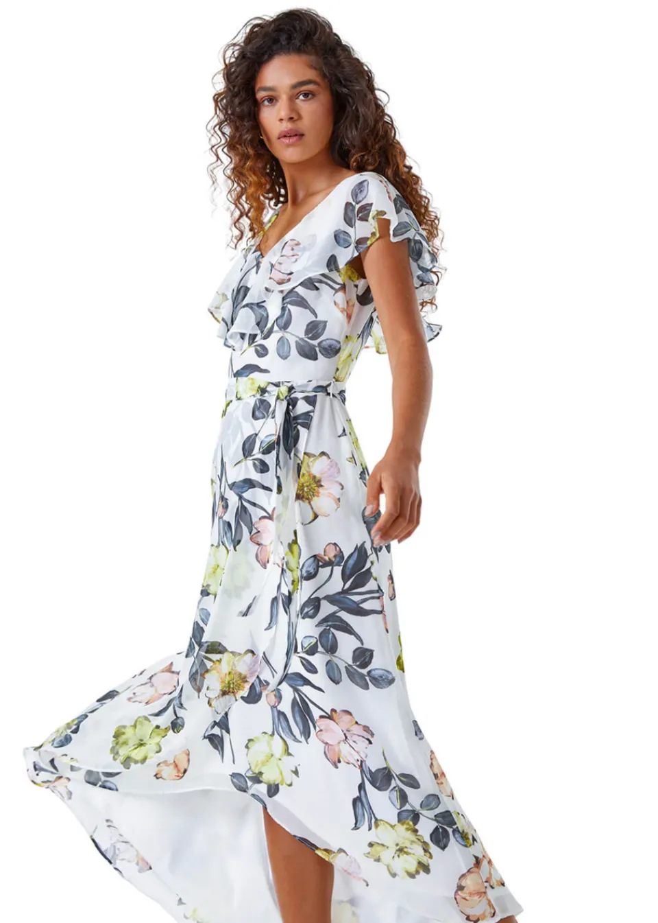 Dresses>Roman Ivory Floral Print Frill Cape Wrap Dress