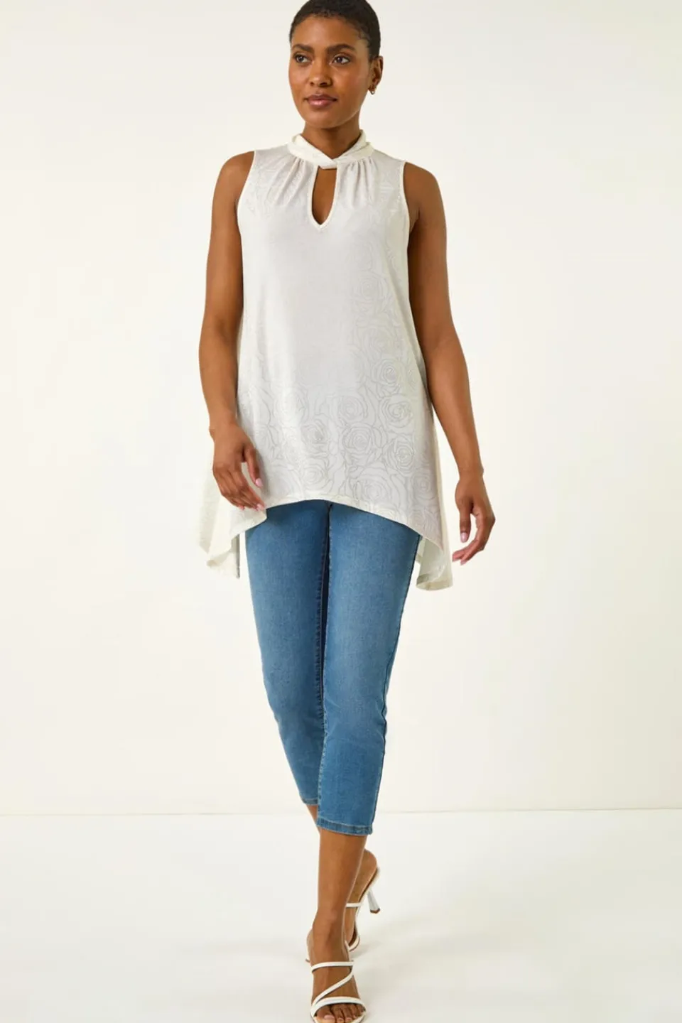 Tops>Roman Ivory Foil Rose Twist Neck Top