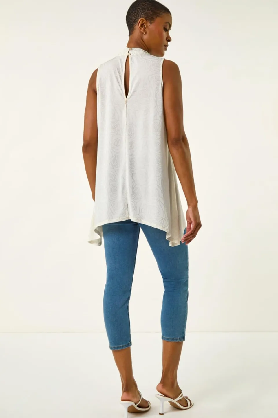 Tops>Roman Ivory Foil Rose Twist Neck Top