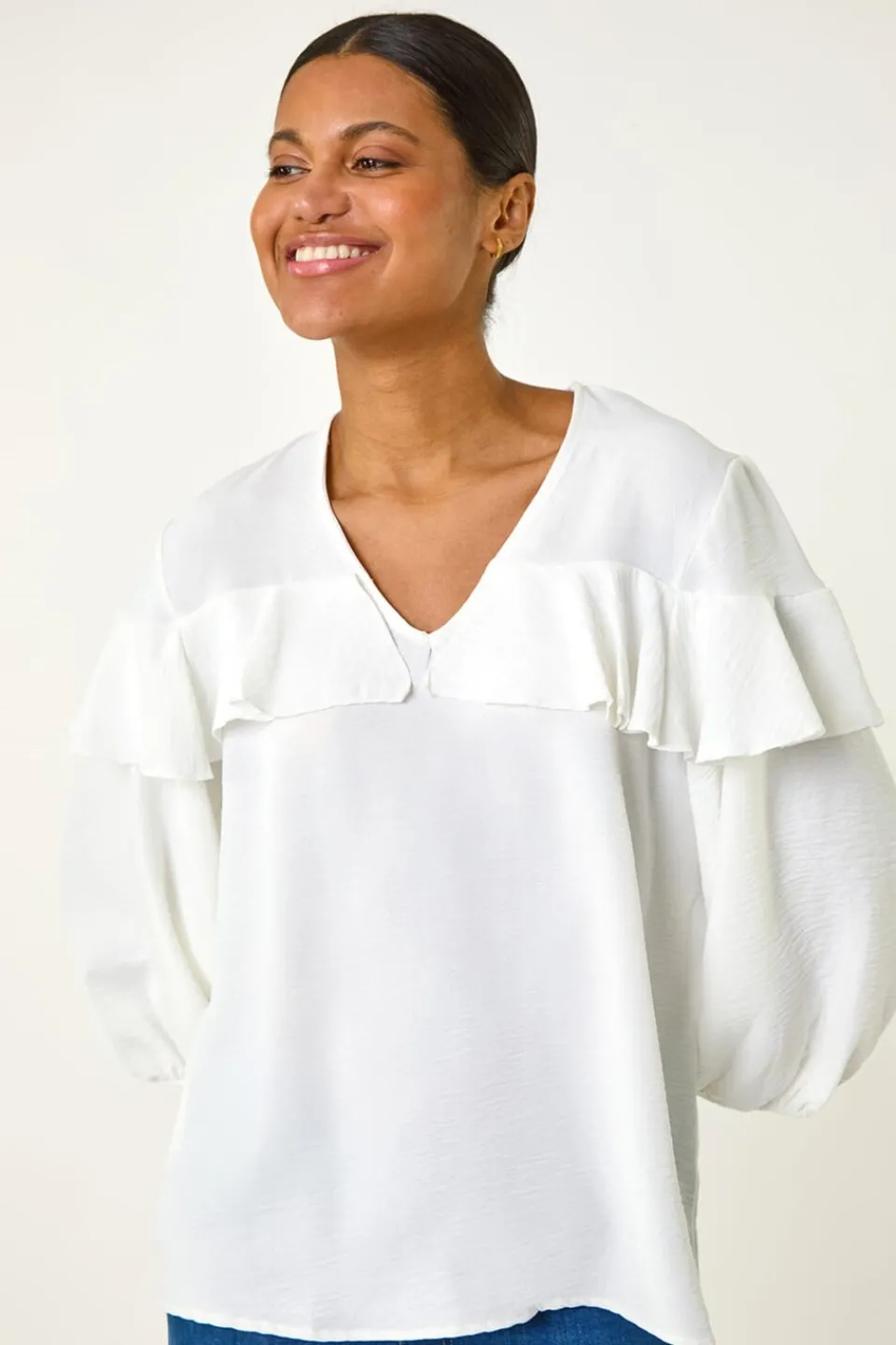 Tops>Roman Ivory Frill Front Woven Top