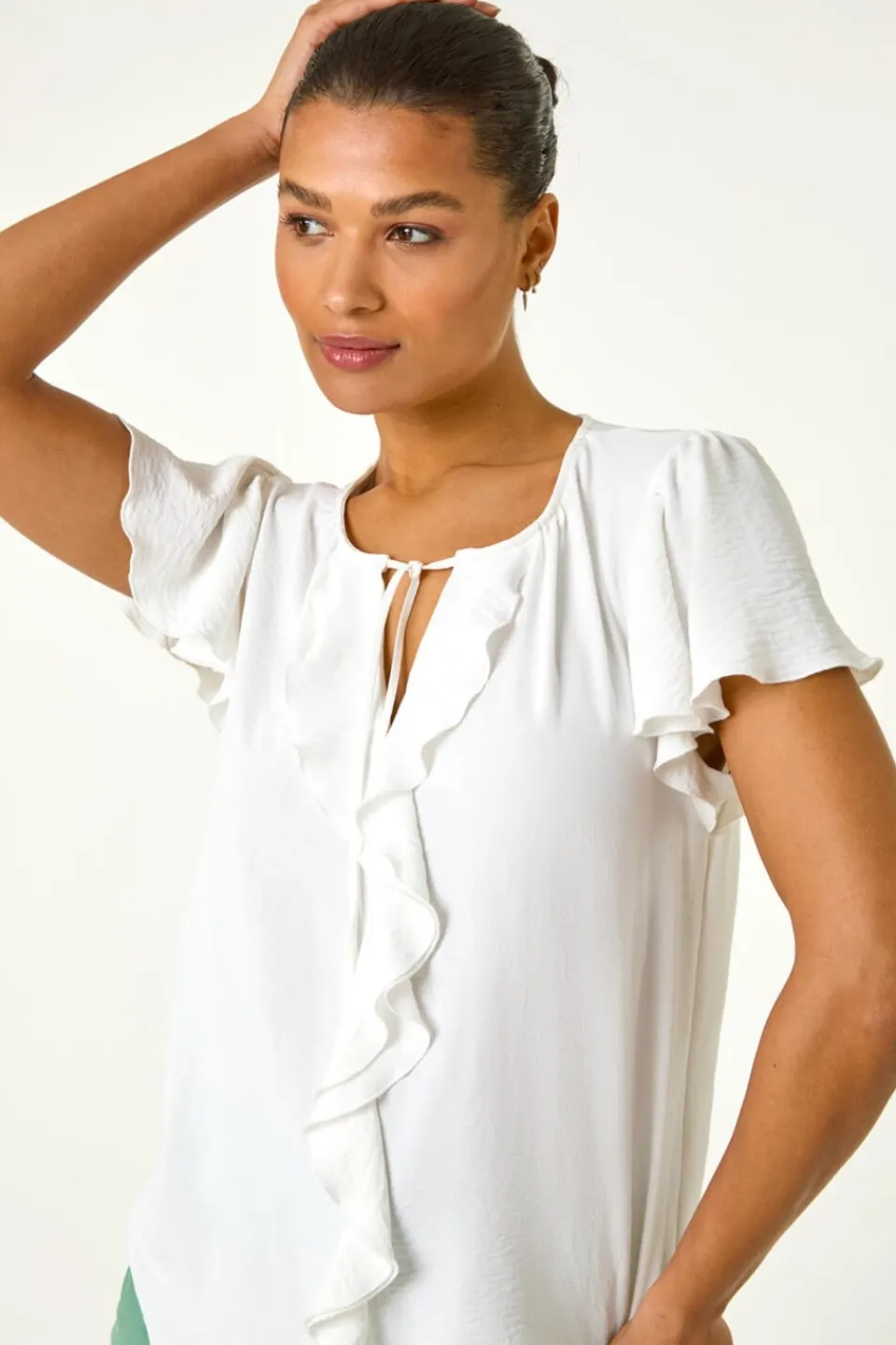 Tops>Roman Ivory Frilled Sleeve Tie Front Top