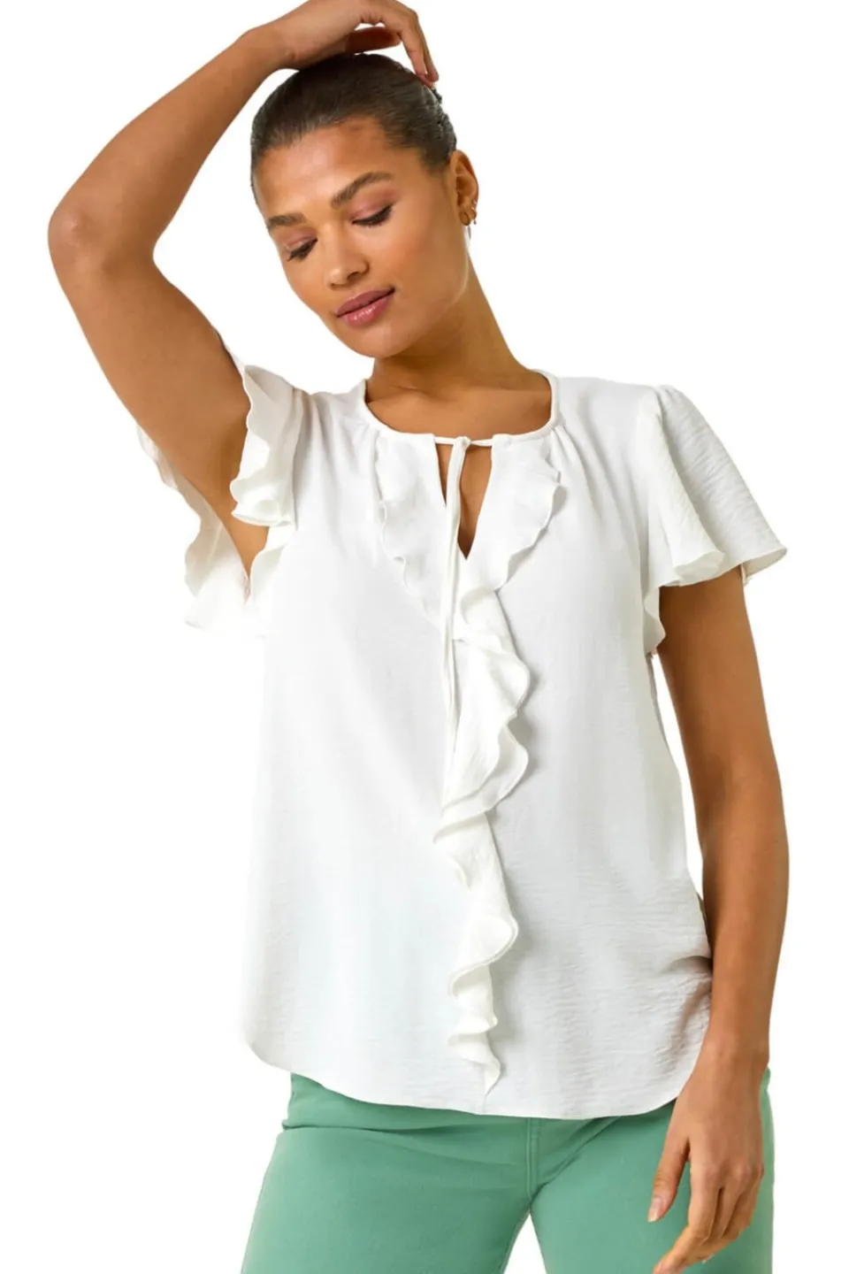 Tops>Roman Ivory Frilled Sleeve Tie Front Top