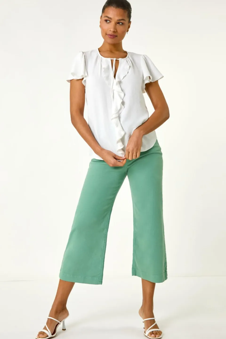Tops>Roman Ivory Frilled Sleeve Tie Front Top