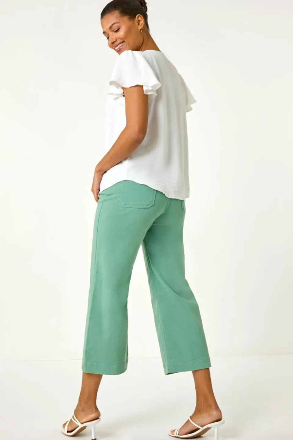 Tops>Roman Ivory Frilled Sleeve Tie Front Top