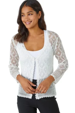 Tops>Roman Ivory Knitted Crochet Shimmer Shrug