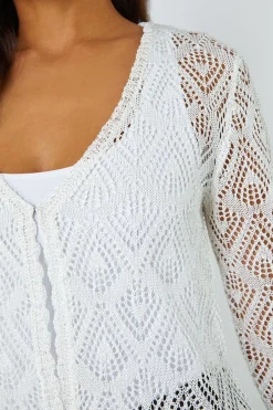 Tops>Roman Ivory Knitted Crochet Shimmer Shrug