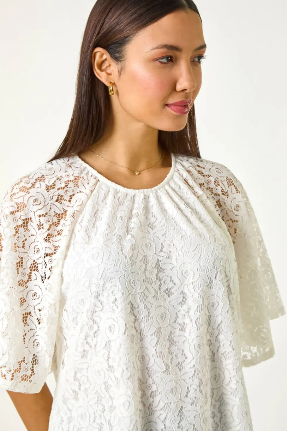 Tops>Roman Ivory Lace Angel Sleeve Top