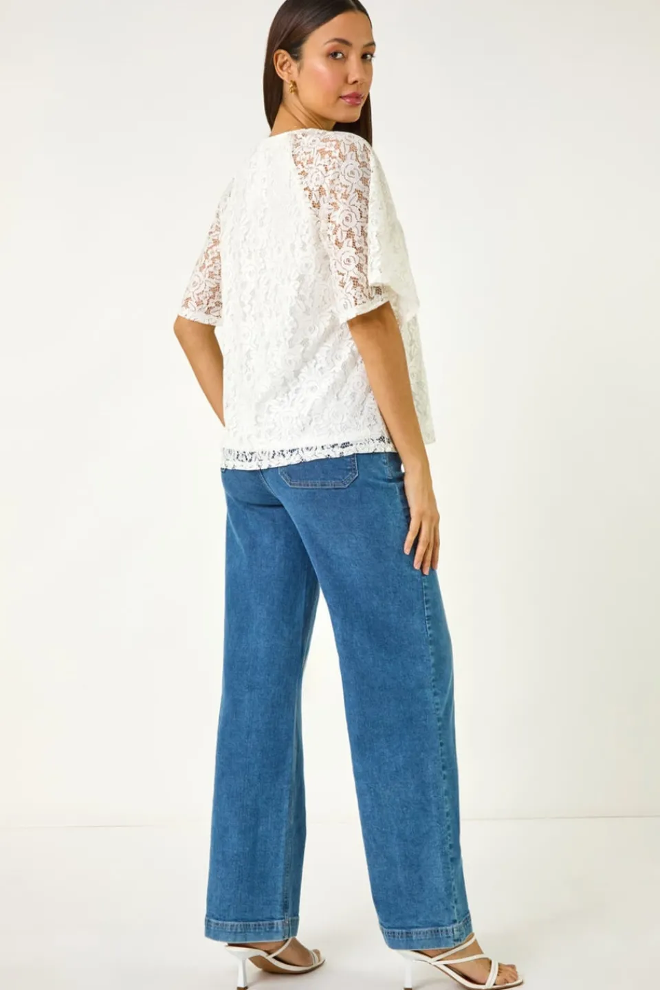 Tops>Roman Ivory Lace Angel Sleeve Top