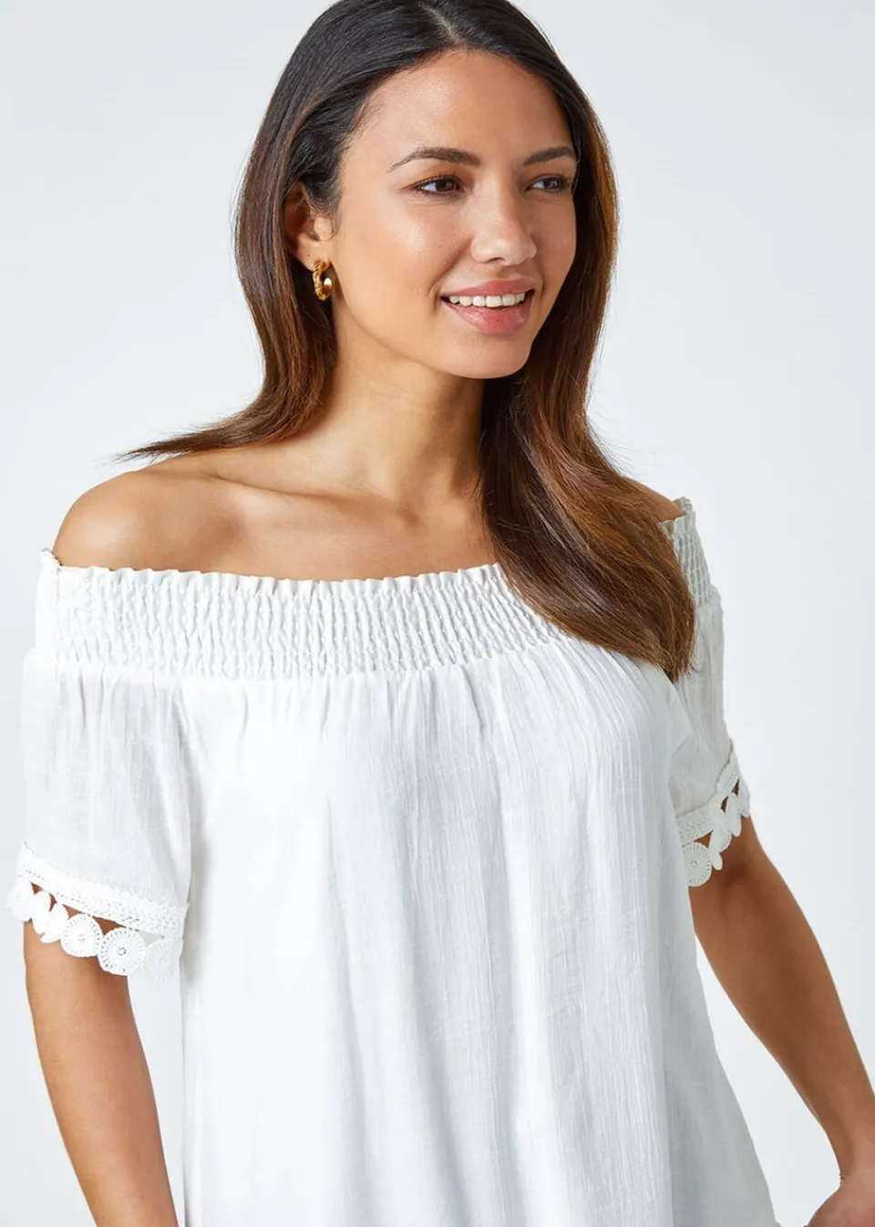 Tops>Roman Ivory Lace Detail Shirred Bardot Top