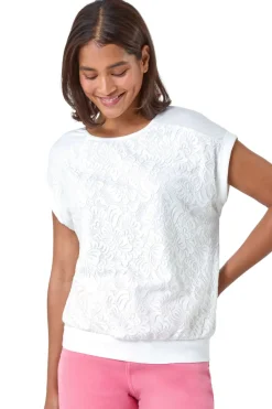 T-Shirts>Roman Lace Panel Stretch Jersey Top Ivory