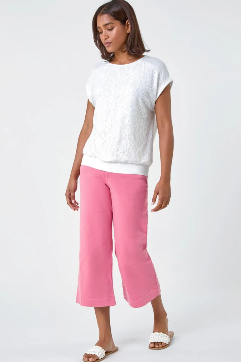 T-Shirts>Roman Lace Panel Stretch Jersey Top Ivory