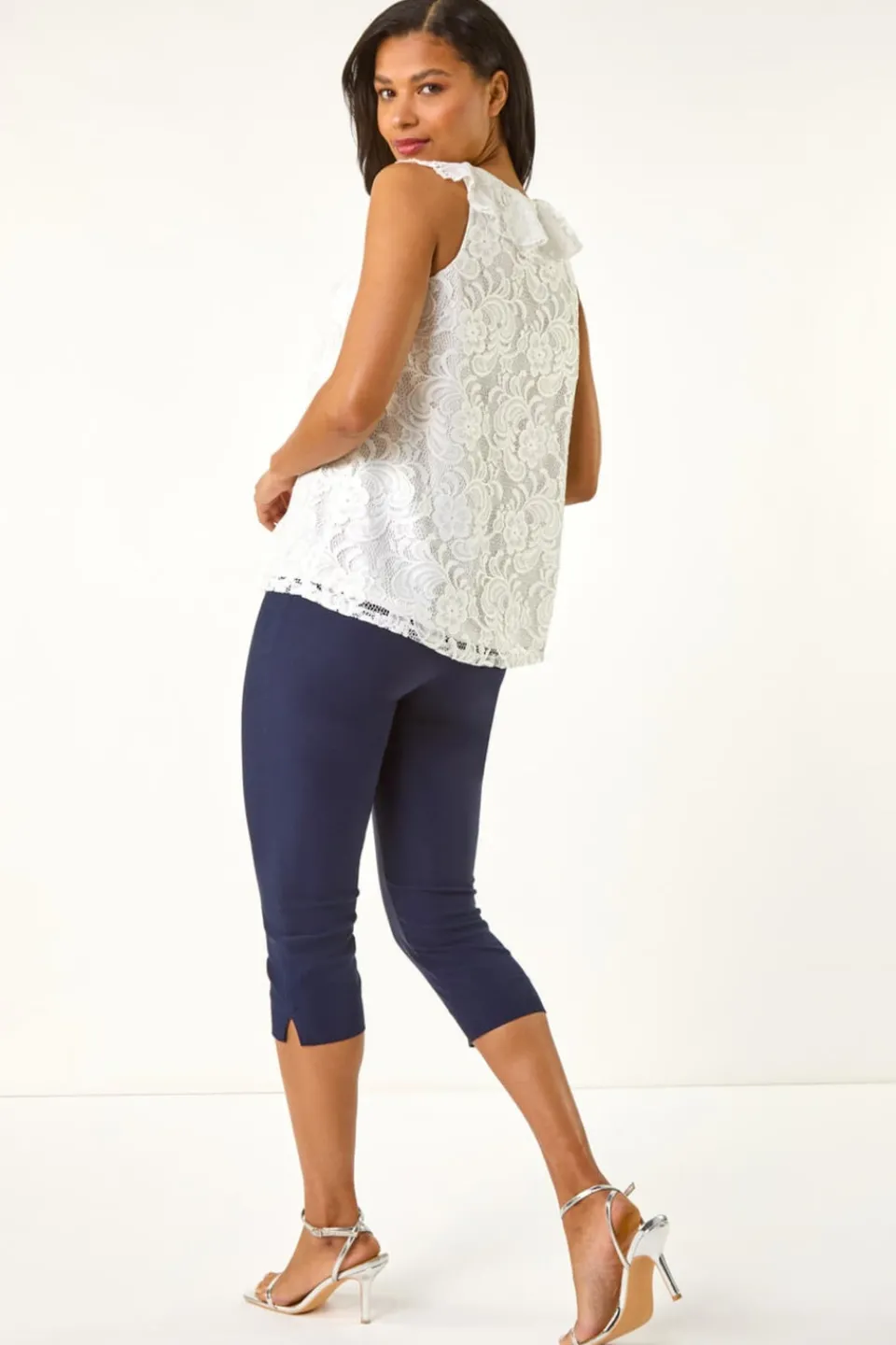 Tops>Roman Ivory Lace V Neck Ruffle Front Top