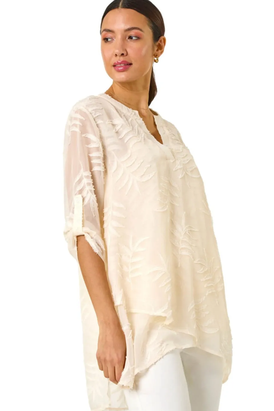 Tops>Roman Ivory Leaf Print Burnout Wrap Tunic Top
