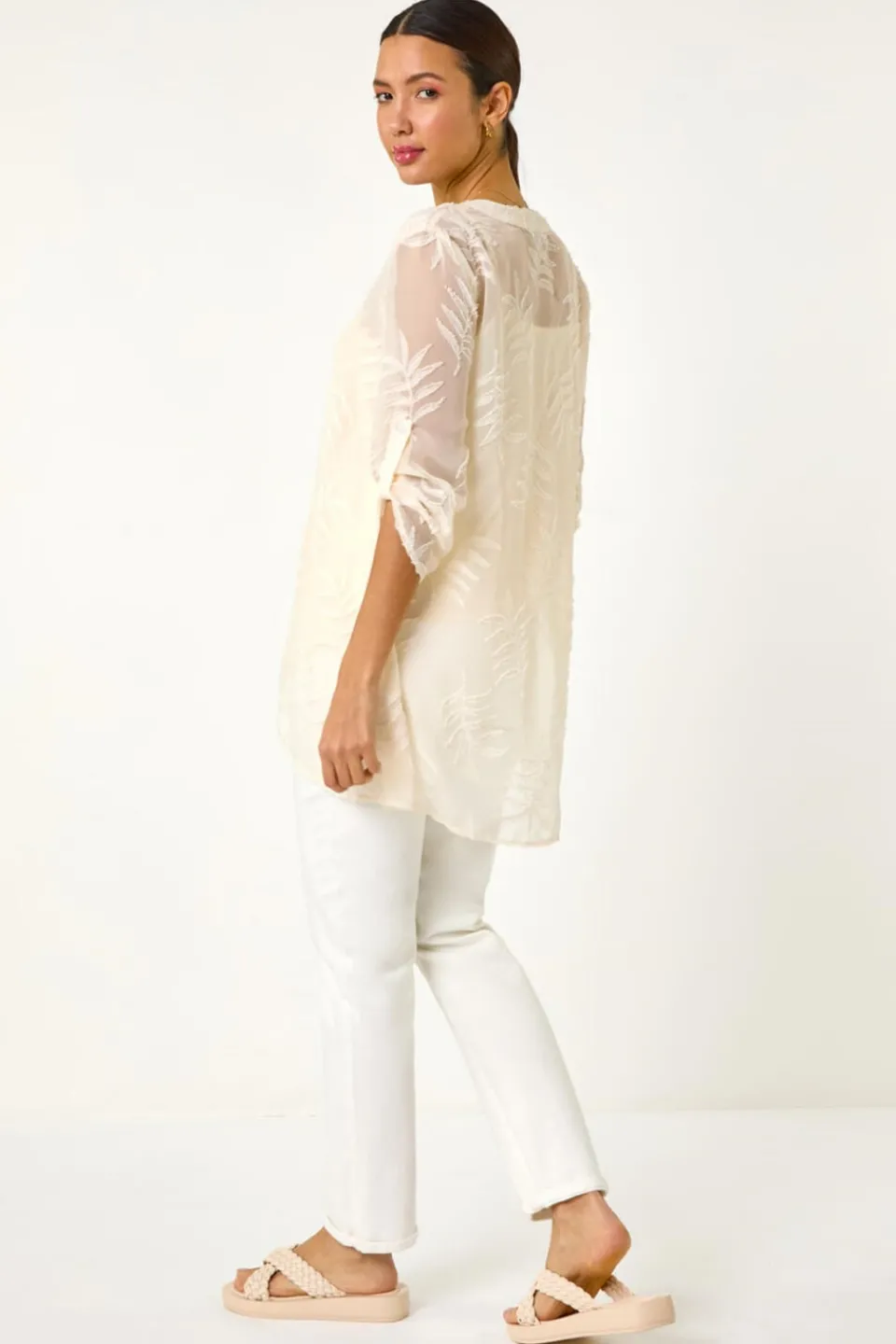 Tops>Roman Ivory Leaf Print Burnout Wrap Tunic Top