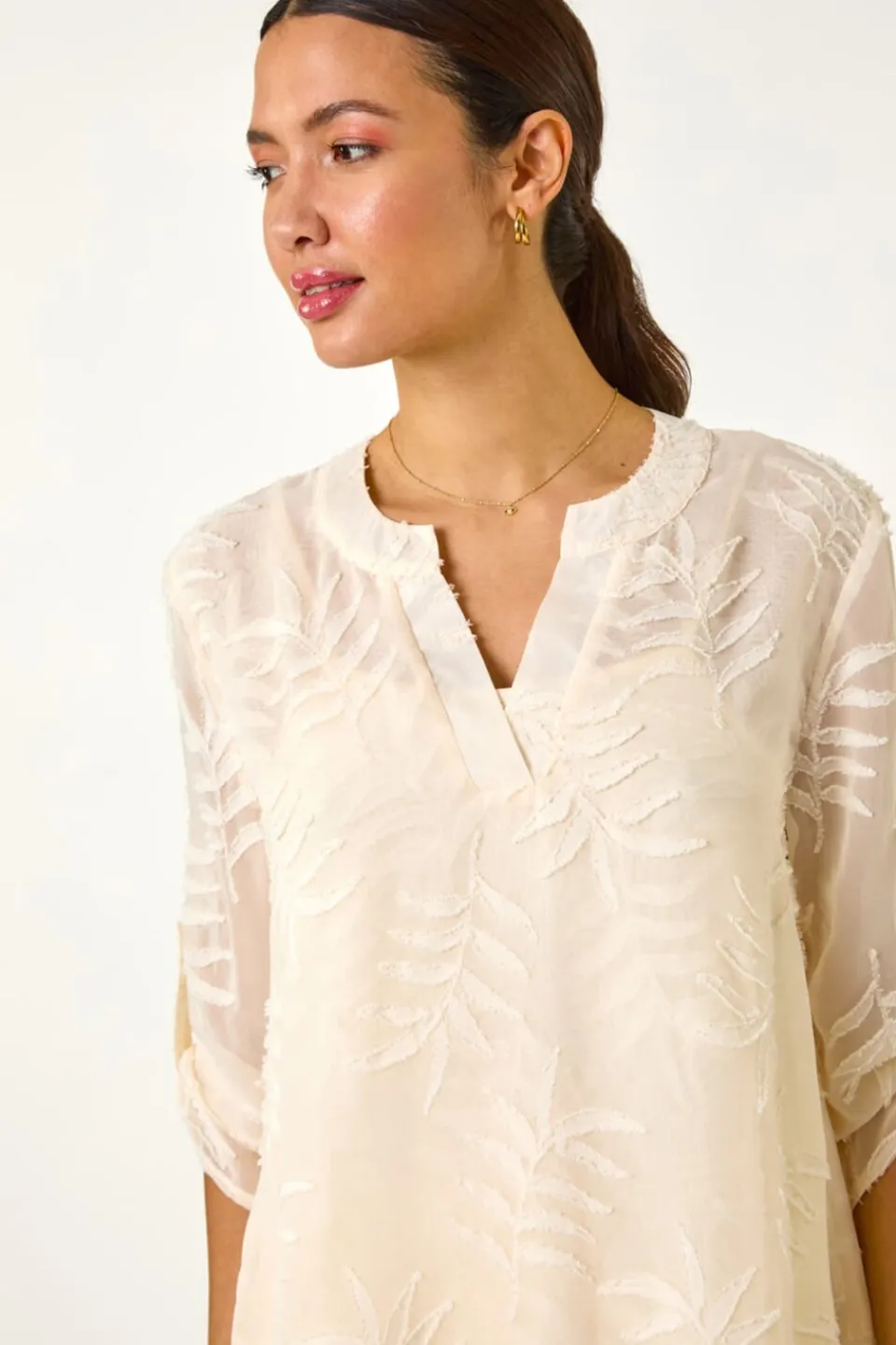 Tops>Roman Ivory Leaf Print Burnout Wrap Tunic Top