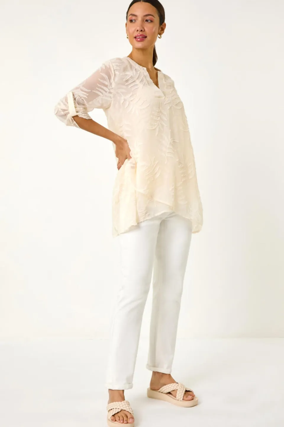 Tops>Roman Ivory Leaf Print Burnout Wrap Tunic Top