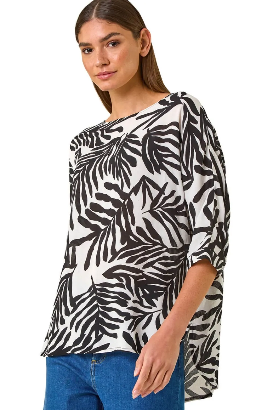 Tops>Roman Ivory Leaf Print Tunic Top