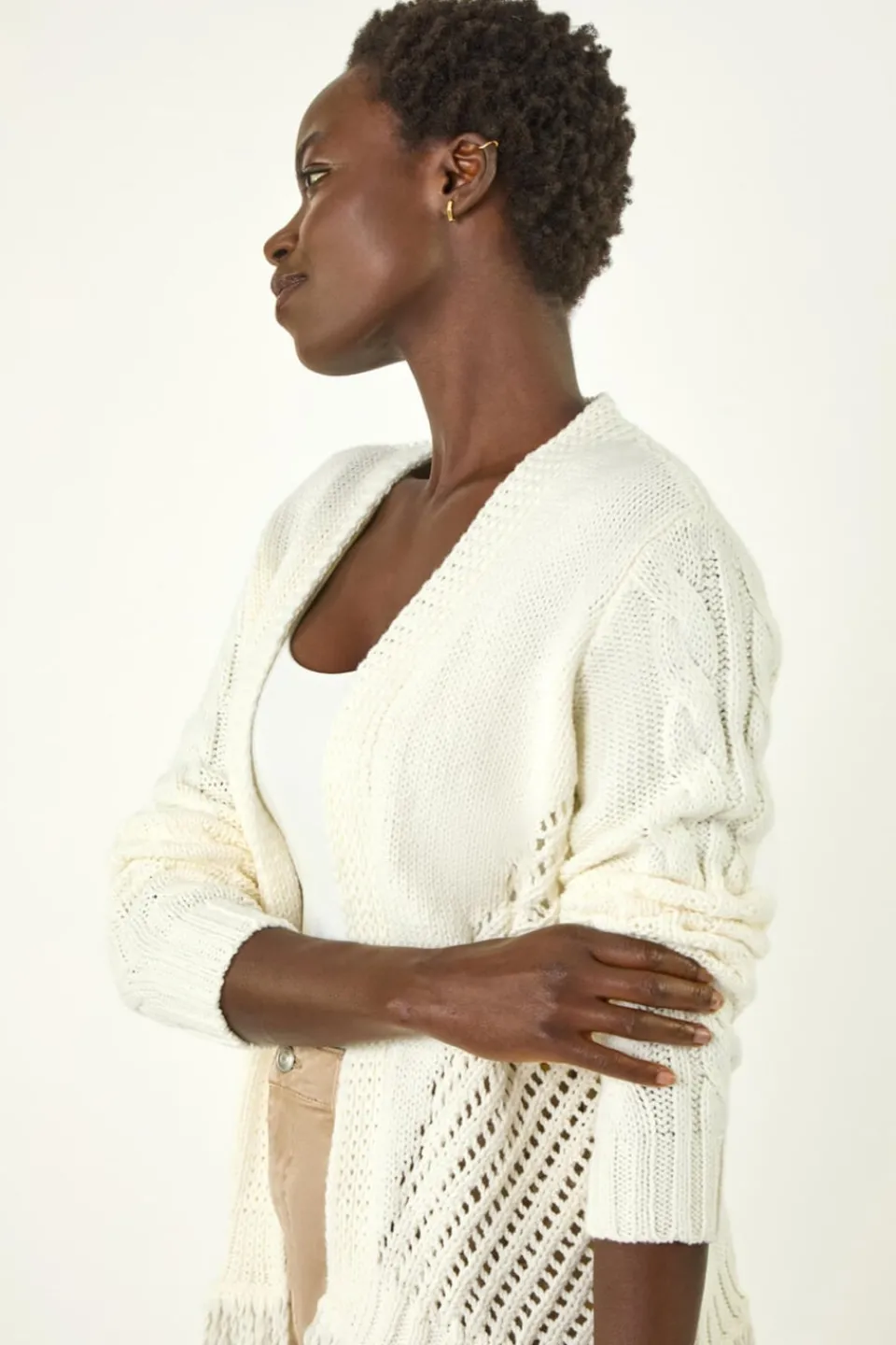 Tops>Roman Ivory Lightweight Fringe Hem Knit Cardigan