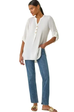 Tops>Roman Ivory Longline Bow Button Top