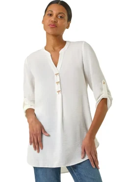Tops>Roman Ivory Longline Bow Button Top