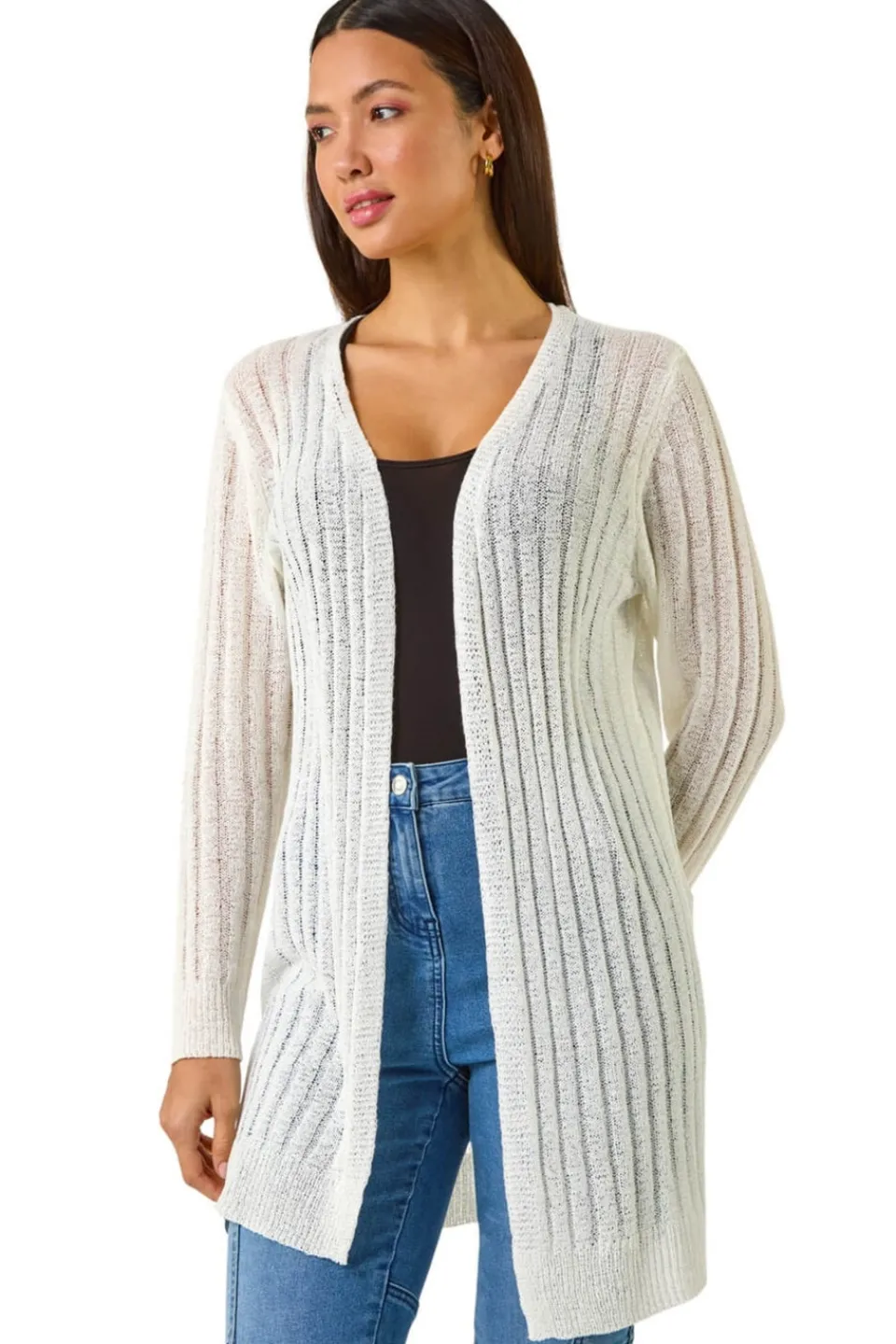 Tops>Roman Ivory Longline Lightweight Knit Cardigan