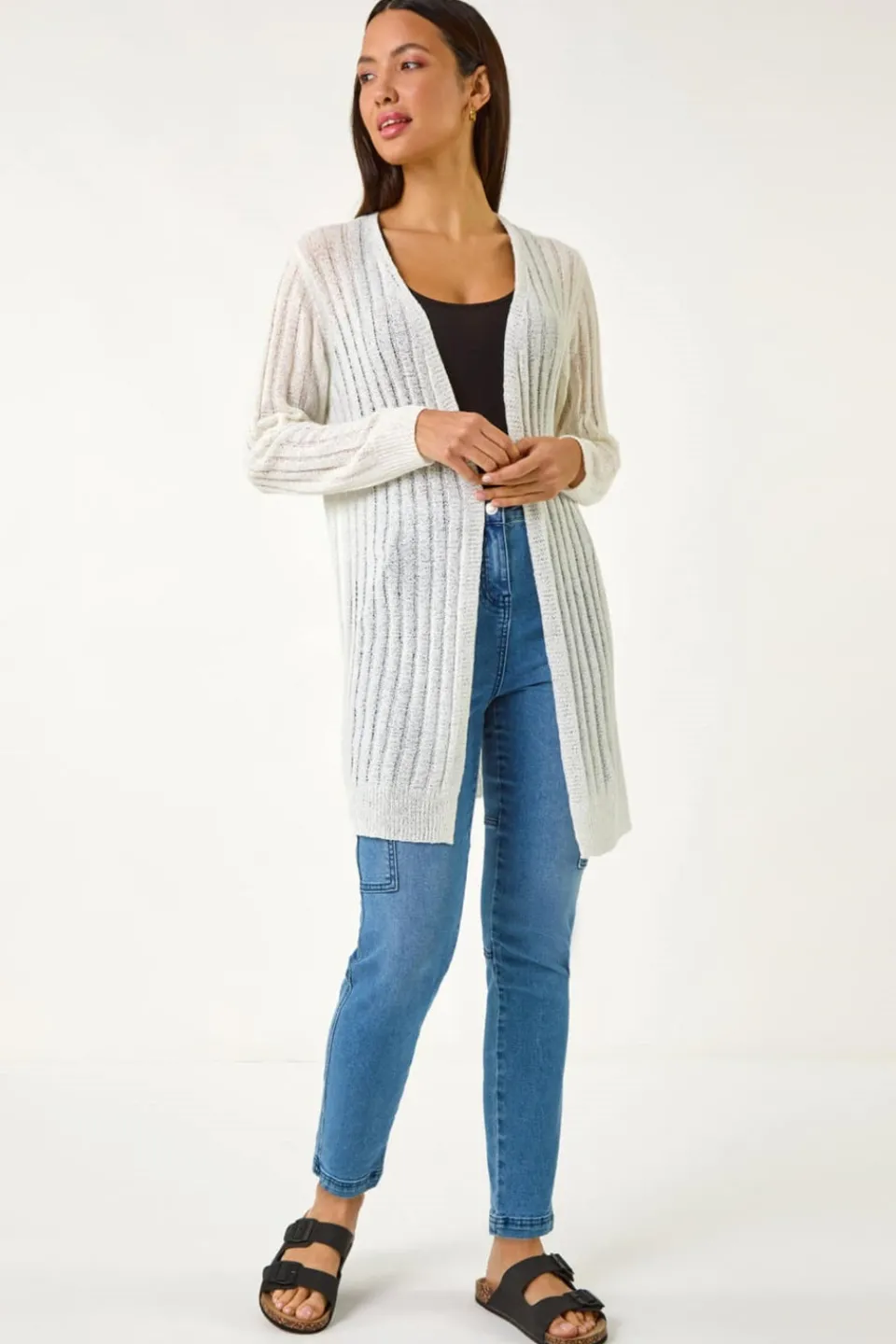 Tops>Roman Ivory Longline Lightweight Knit Cardigan