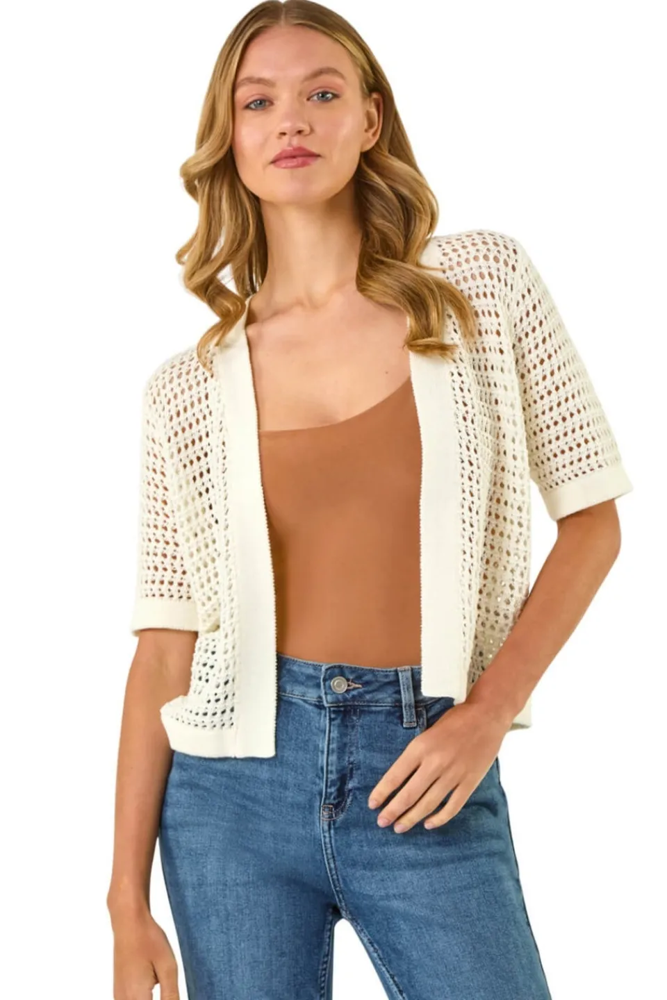 Tops>Roman Ivory Open Knit Cardigan
