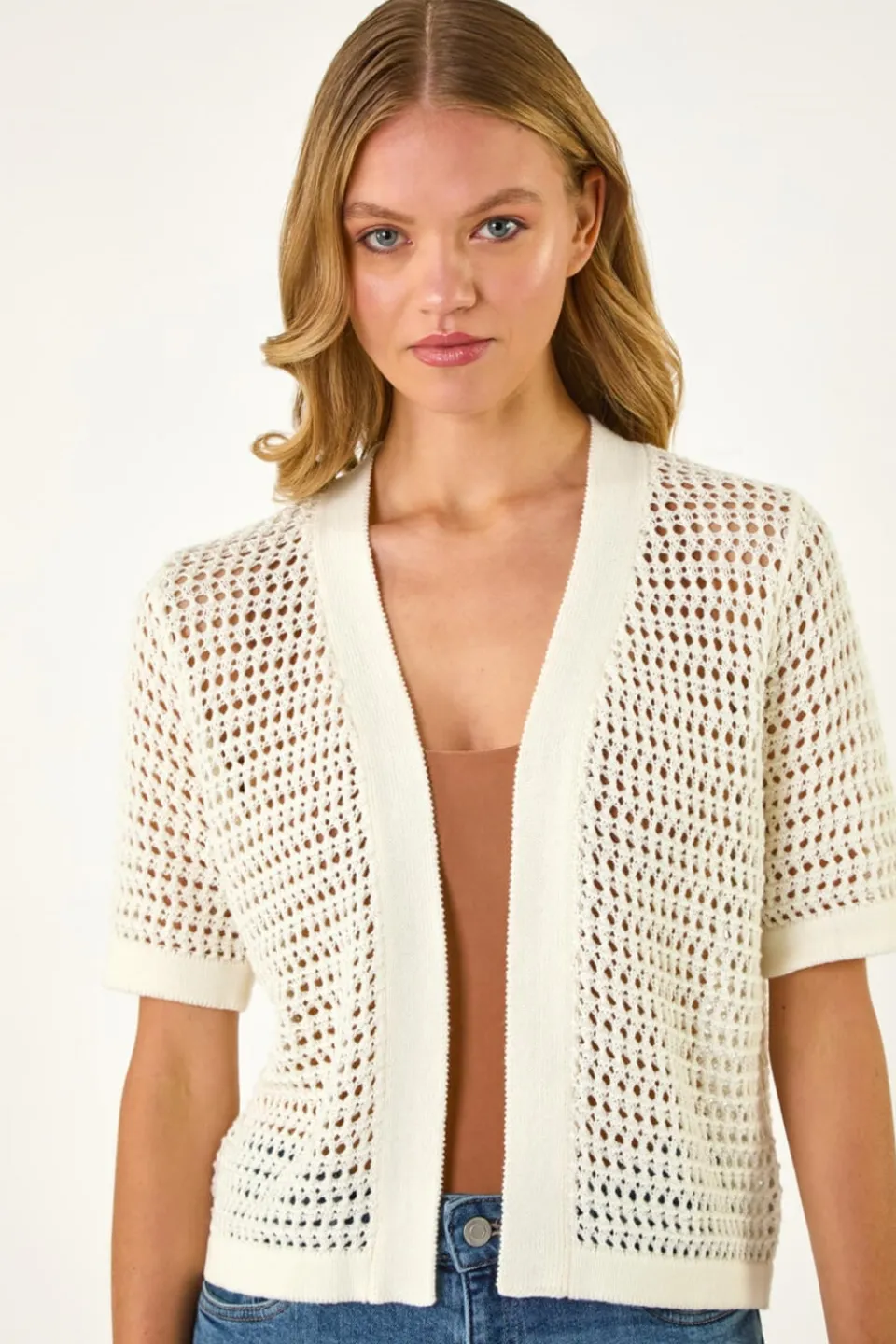 Tops>Roman Ivory Open Knit Cardigan