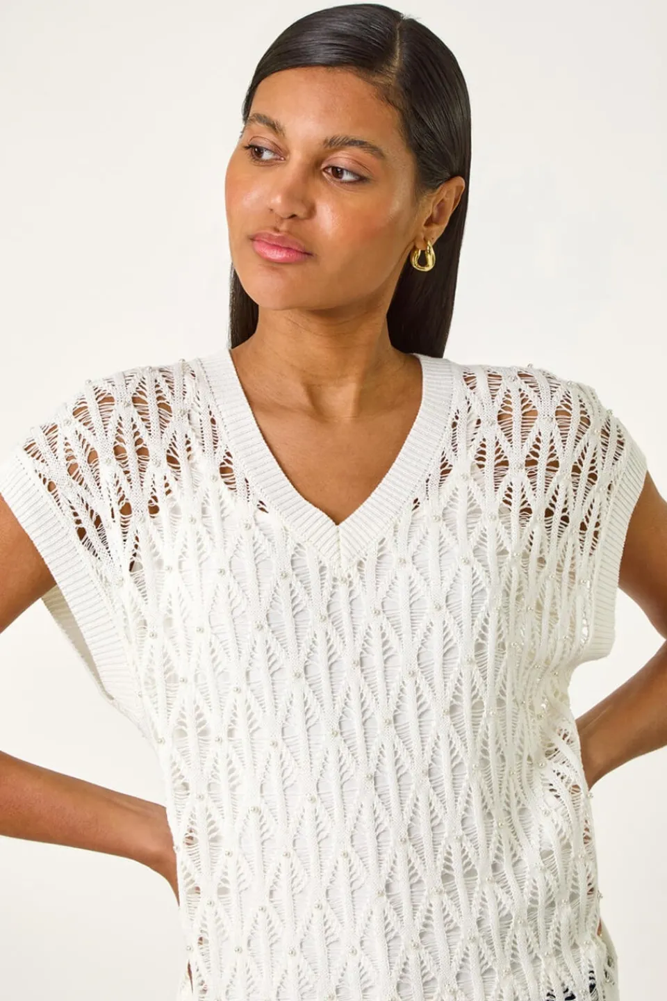 Tops>Roman Ivory Pearl Double Layer Knit Top