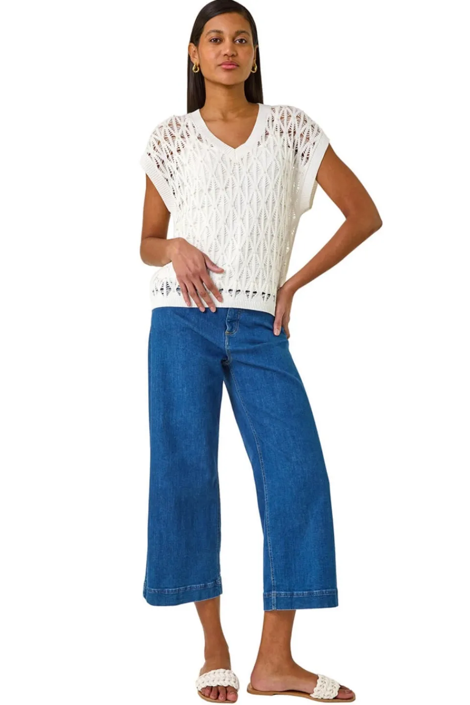 Tops>Roman Ivory Pearl Double Layer Knit Top