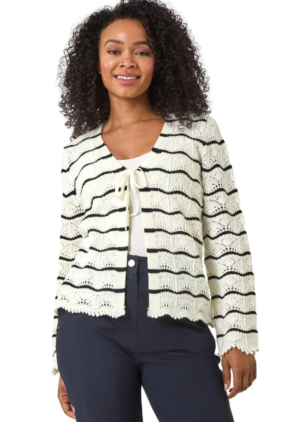 Tops>Roman Ivory Petite Stripe Knitted Tie Cardigan