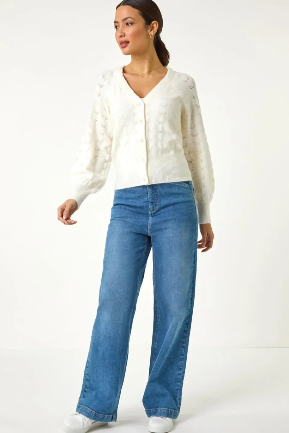Knitwear>Roman Pointelle Detail Knit Cardigan Ivory