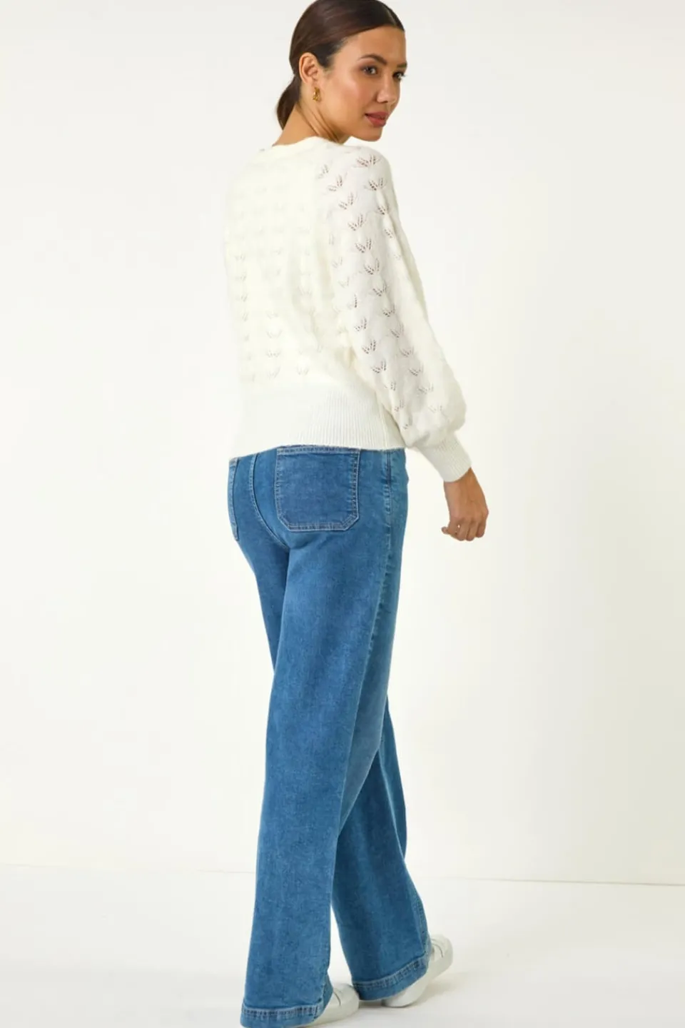 Knitwear>Roman Pointelle Detail Knit Cardigan Ivory