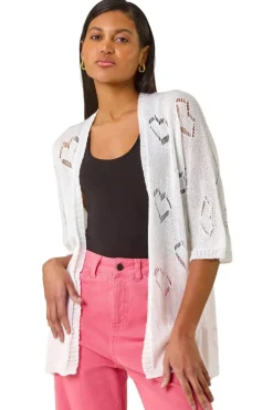 Tops>Roman Ivory Pointelle Heart Knit Cardigan