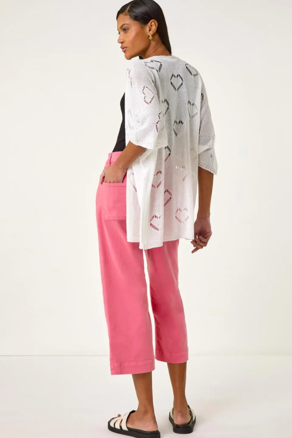 Tops>Roman Ivory Pointelle Heart Knit Cardigan